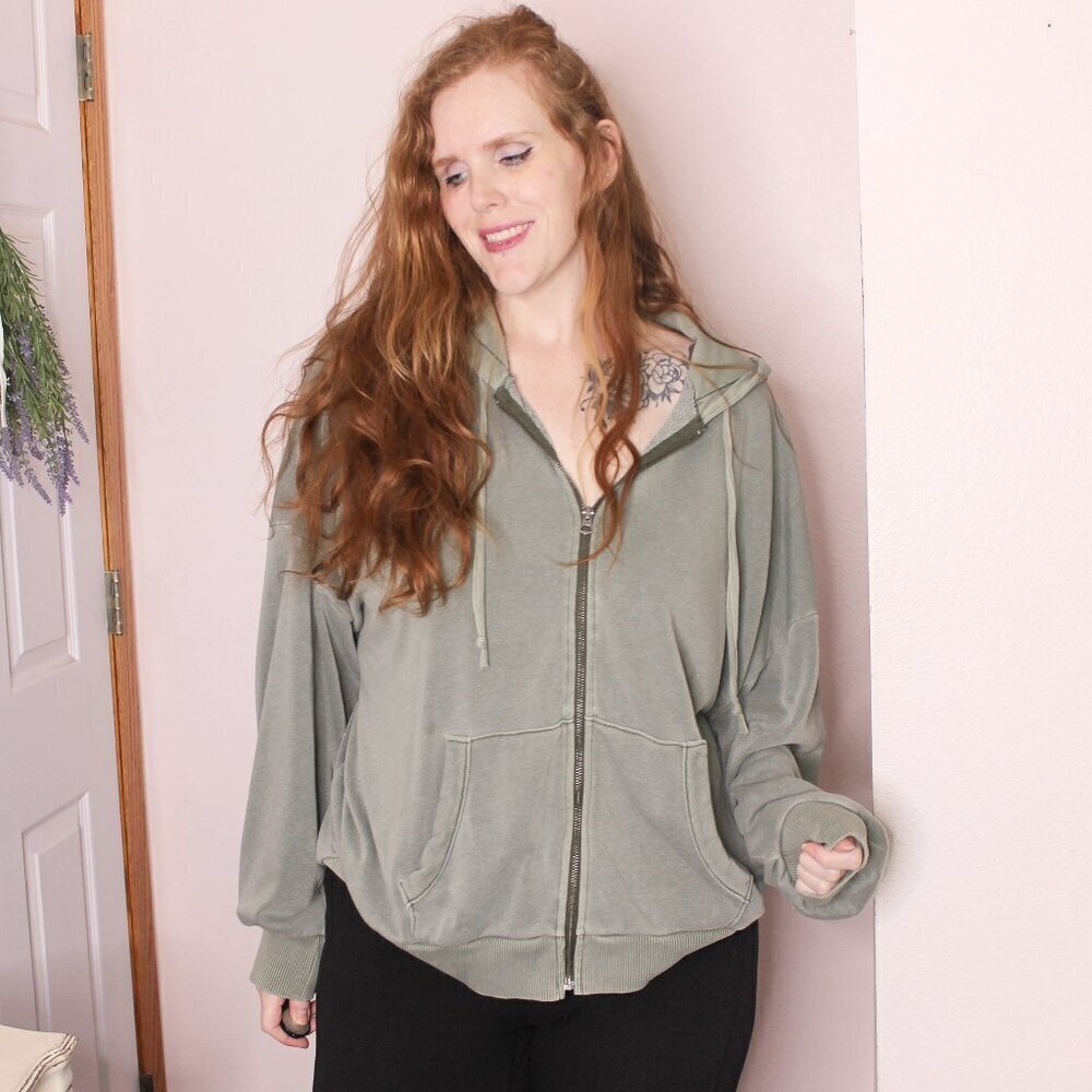 American Eagle Green Jegging Fit Zip Hoodie Sweatshirt Oversized - Picture 1 of 6